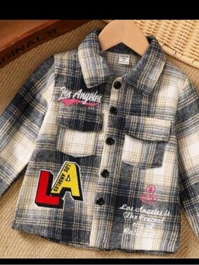 Kids Plaid Button-Down Shirt Jacket - Gray/White